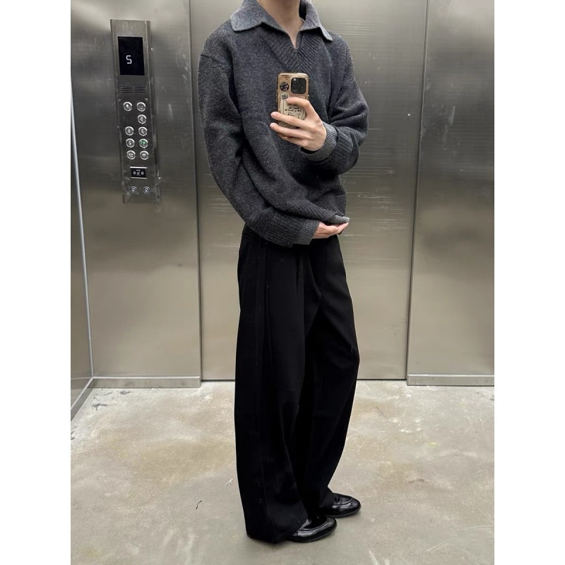 网图假两件v领毛衣男冬季翻领老钱风针织衫上衣外套MY5012-特P60，男装针织衫/毛衣，星座1007（原301D）