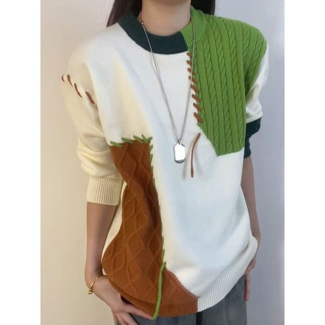 网图拼接撞色毛衣男冬季美式休闲针织衫男宽松毛线衣YY102-特P45，男装针织衫/毛衣，星座1007（原301D）