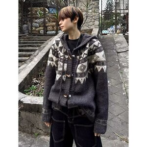 网图美式牛角扣开衫毛衣男情侣松弛针织衫外套潮X062-特P60图片
