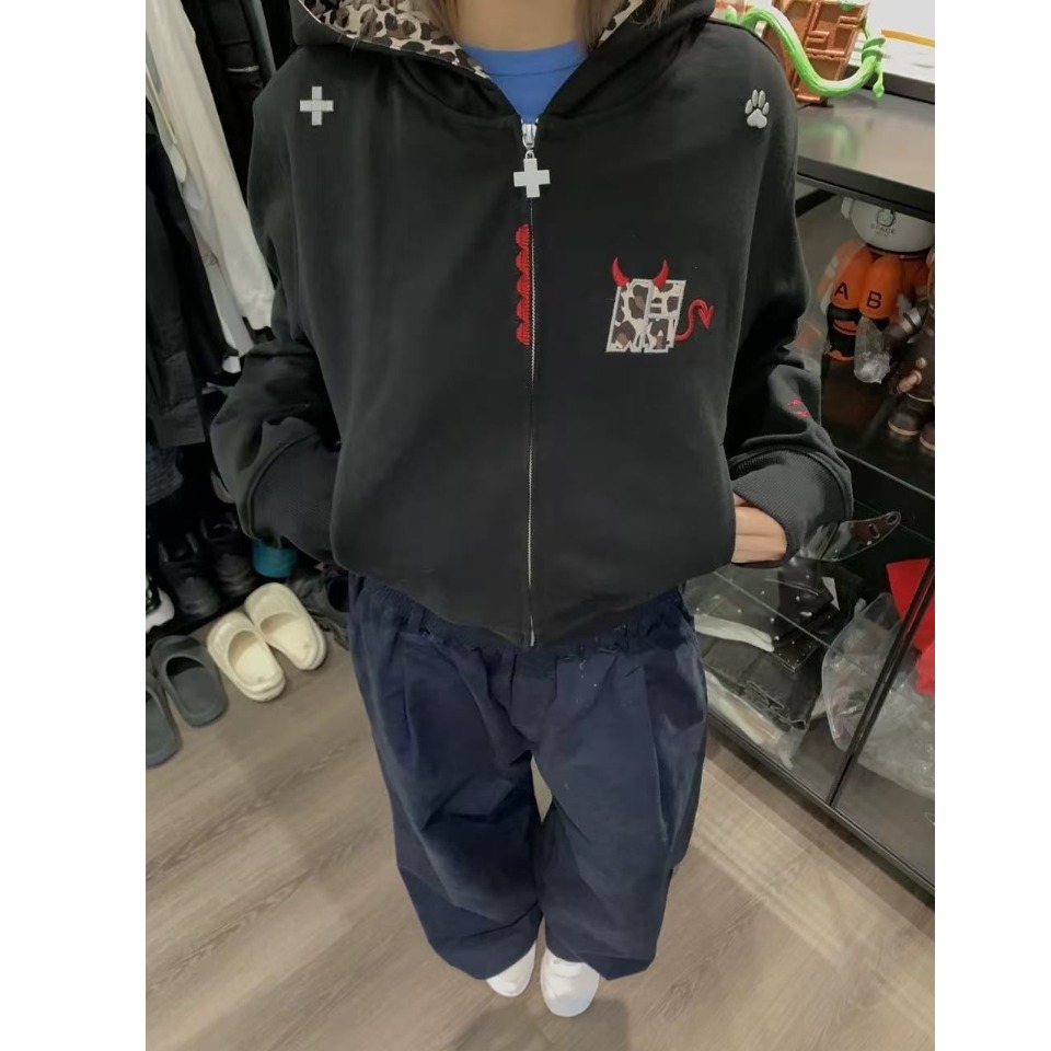 网图美式复古刺绣连帽卫衣秋冬外套XJ372-常规-特P58加绒特P65，女装卫衣/绒衫，星座1007（原301D）