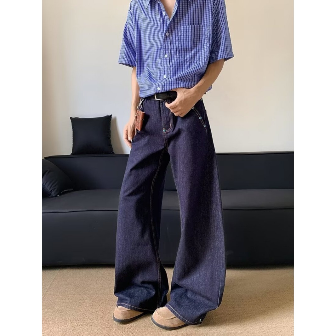 复古蓝宽松小个子深色阔腿裤子RN7011特P53，男装休闲裤，星座1007（原301D）