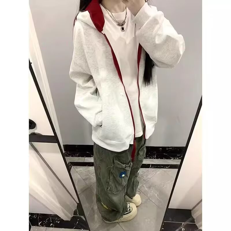 网图秋季宽松撞色拉链开衫卫衣情侣休闲连帽外套HT8802-特P40,女装短外套,星座1007（原301D）