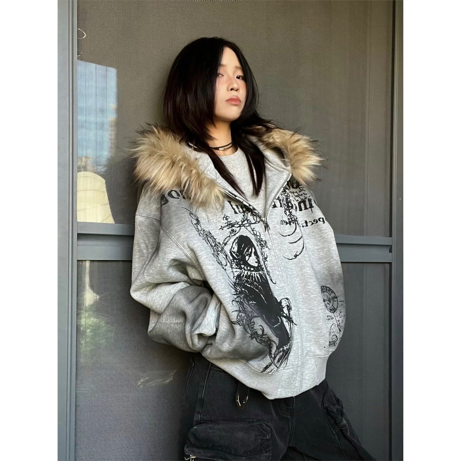 网络美式街头重磅毛领连帽卫衣男加绒开衫外套WW208-特P60,女装短外套,星座1007（原301D）