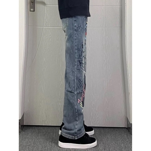 美式高街涂鸦牛仔裤男款微喇休闲裤子B185Y-特45图片