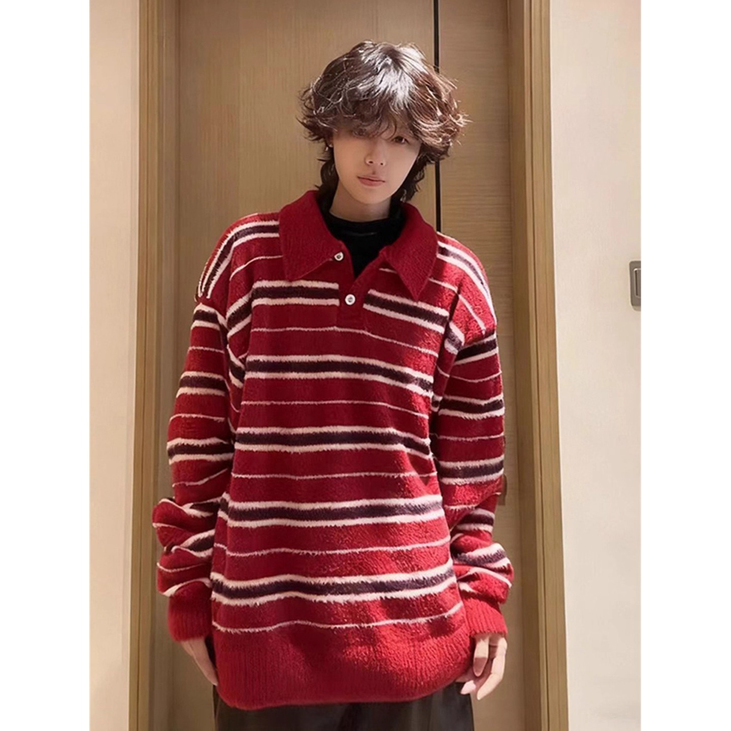 网图红色海马毛毛衣男撞色翻领条纹针织衫美式毛线衣RZ08-特P55，男装针织衫/毛衣，星座1007（原301D）