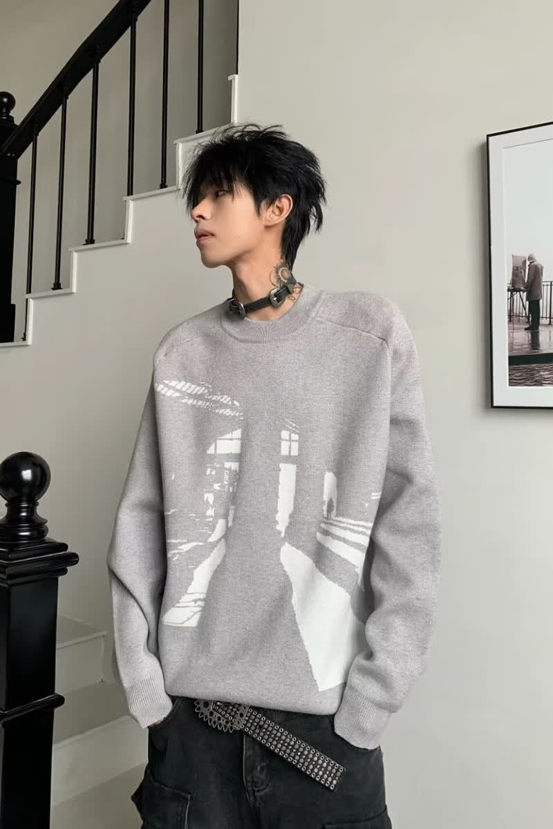 网图宽松型美式复古印花毛衣长袖针织衫YM6030-特P50,男装针织衫/毛衣,星座1007（原301D）