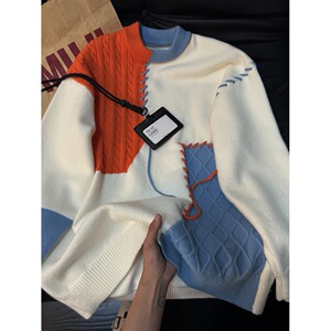 网图拼接圆领针织卫衣男款秋冬美式复古套头情侣装毛衣图片