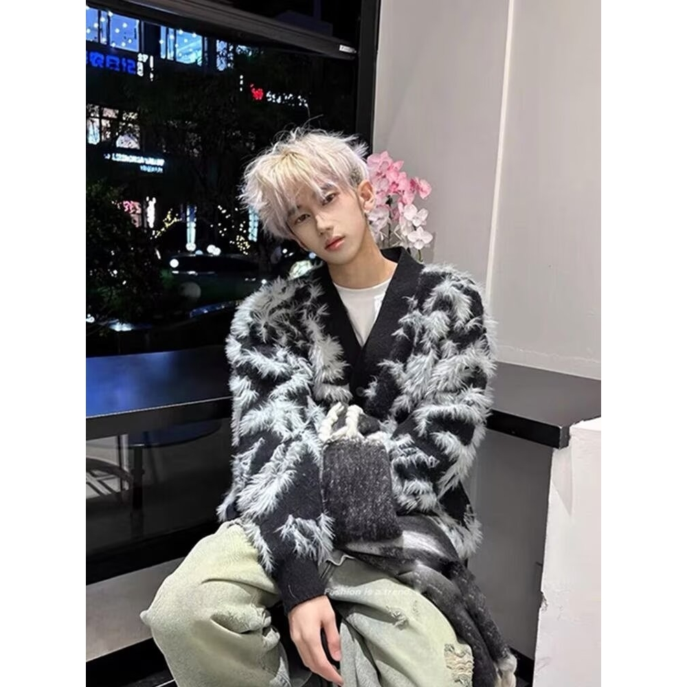 网图秋冬V领针织开衫复古毛衣宽松慵懒毛衫外套MYY851-特P68，男装针织衫/毛衣，星座1007（原301D）