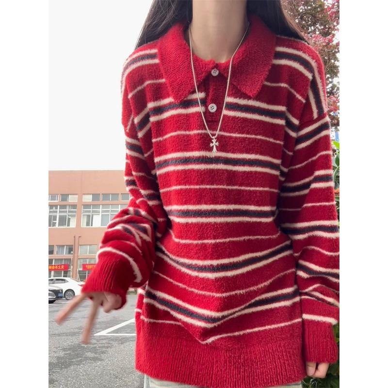 网图红色海马毛毛衣男撞色翻领条纹针织衫美式毛线衣RZ08-特P55，男装针织衫/毛衣，星座1007（原301D）