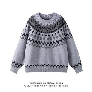 网图复古费尔岛提花圆领针织衫男女宽松情侣休闲毛衣YM243-特P60图片