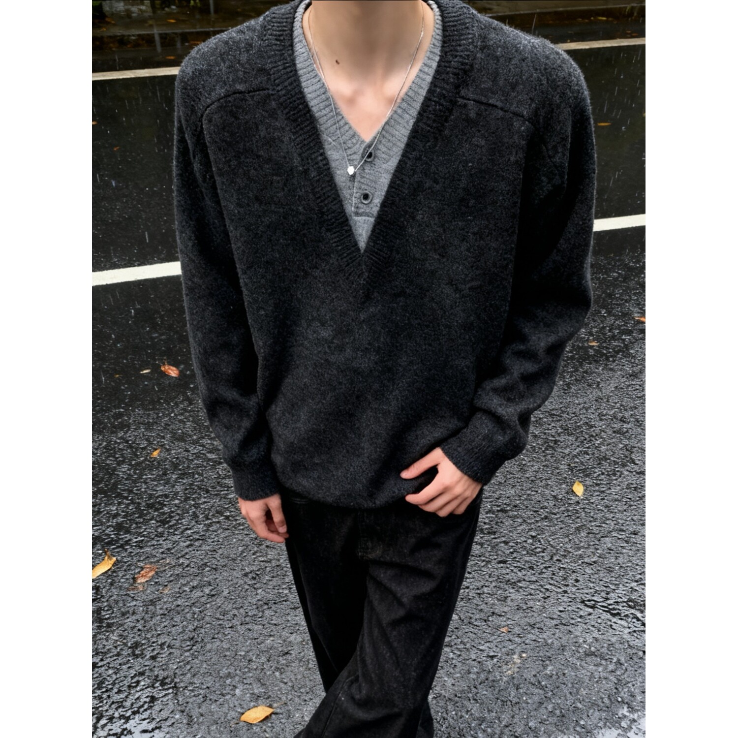 韩版假两件拼接V领针织衫男慵懒风纯色套头毛衣潮MM403-特P65,男装针织衫/毛衣,星座1007（原301D）
