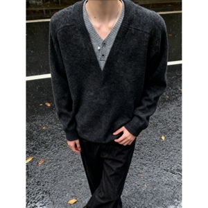 韩版假两件拼接V领针织衫男慵懒风纯色套头毛衣潮MM403-特P65图片