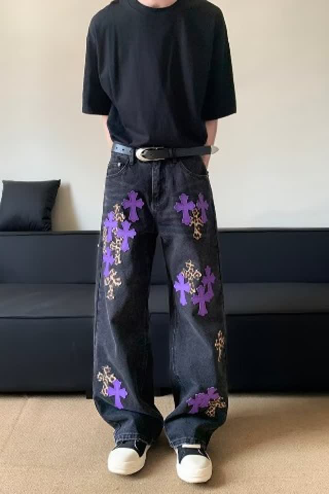 十字架撞色拼皮牛仔裤复古高级感直筒休闲裤潮RN7012-特P61,男装休闲裤,星座1007（原301D）