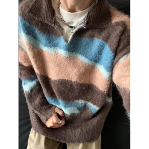 网图美式撞色v领条纹毛衣男冬季休闲针织衫套头上衣MY458-特P58图片