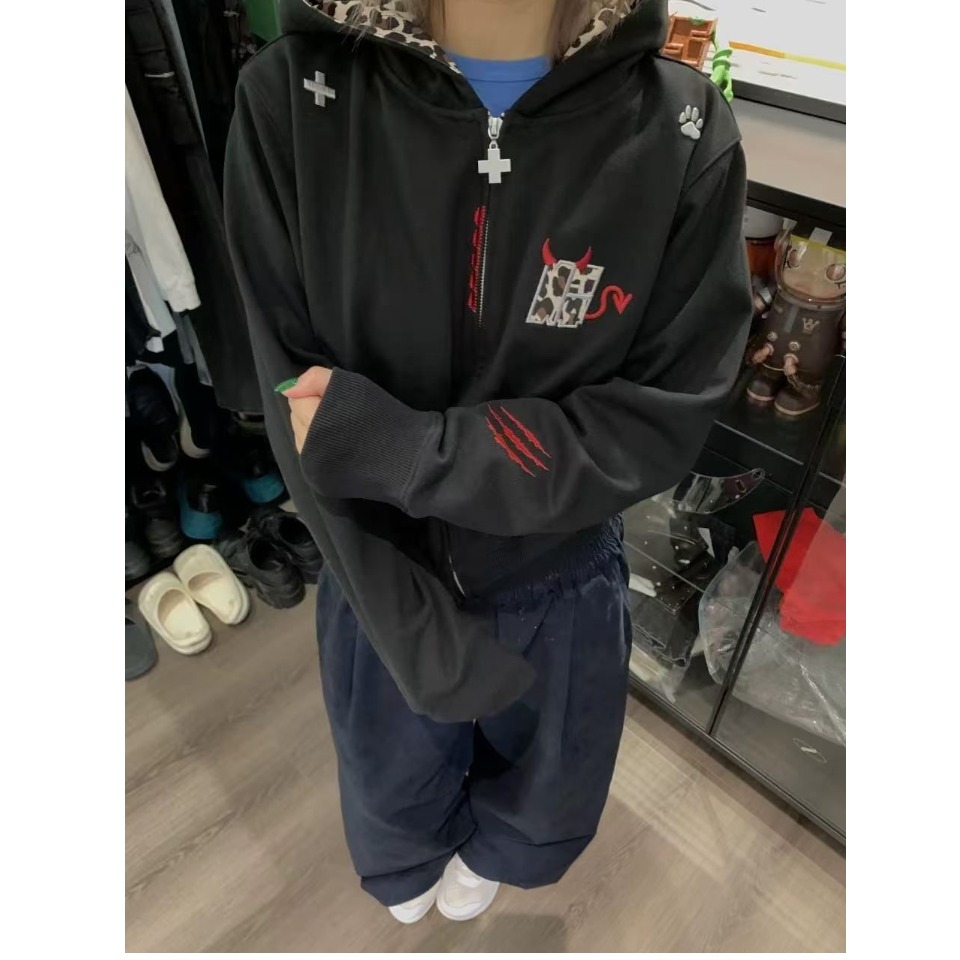 网图美式复古刺绣连帽卫衣秋冬外套XJ372-常规-特P58加绒特P65，女装卫衣/绒衫，星座1007（原301D）