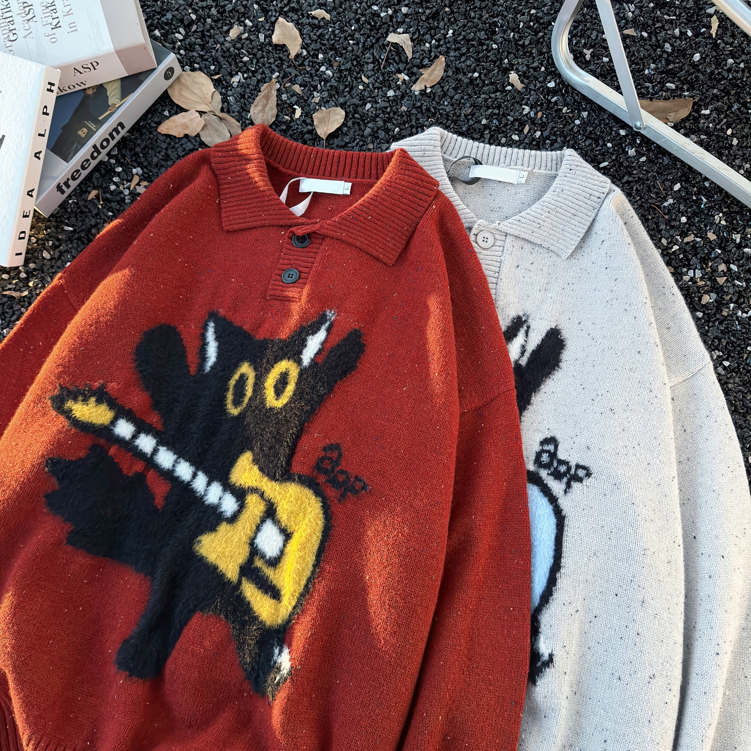 美式复古猫咪提花polo领毛衣男冬季宽松休闲针织衫MY95568-特p60，男装针织衫/毛衣，星座1007（原301D）