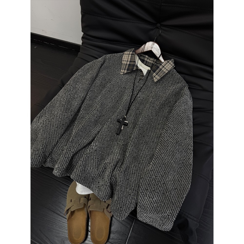 假两件拼接格子雪尼尔卫衣男秋冬季长袖t恤小香风针织CC06-特P30，男装T恤，星座1007（原301D）