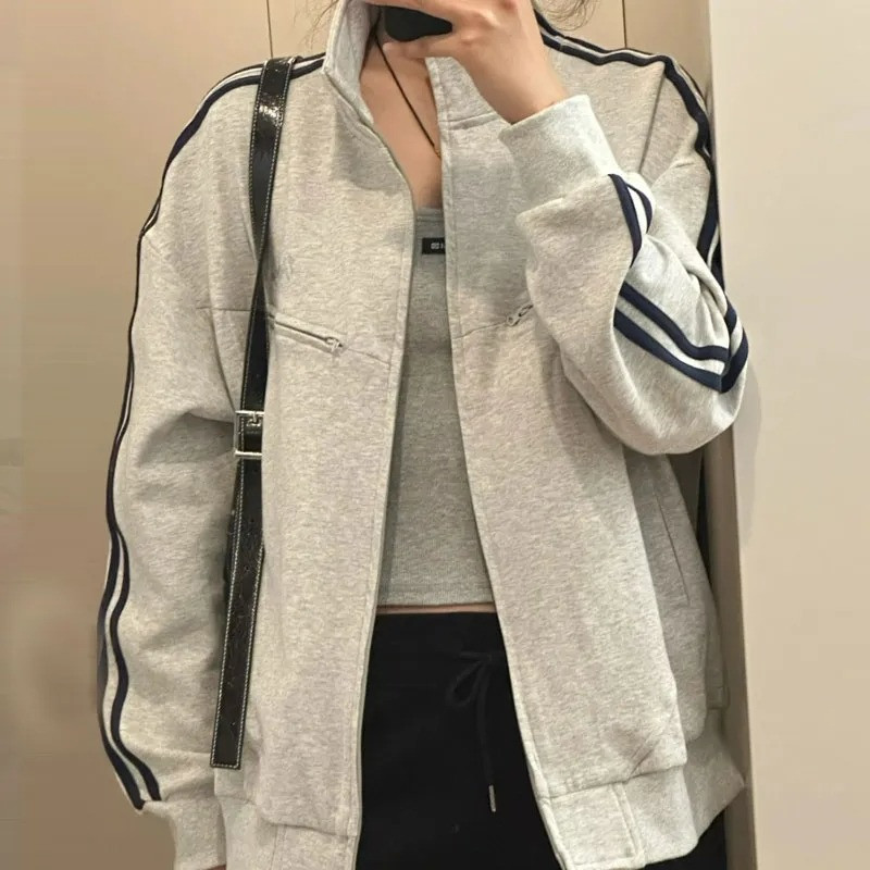网图秋复古美式杠条双拉链宽松立领百搭卫衣外套JK103-特P55,女装卫衣/绒衫,星座1007（原301D）