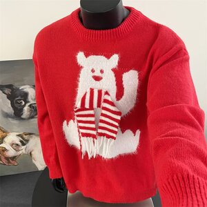 圣诞红色新年带围巾可爱猫咪毛衣套头女秋冬毛衣YM6522-特P45图片