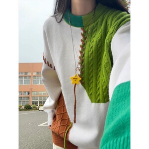 绿色拼接毛衣男秋冬圆领套头针织衫美式复古毛线衣YY102-特P45图片