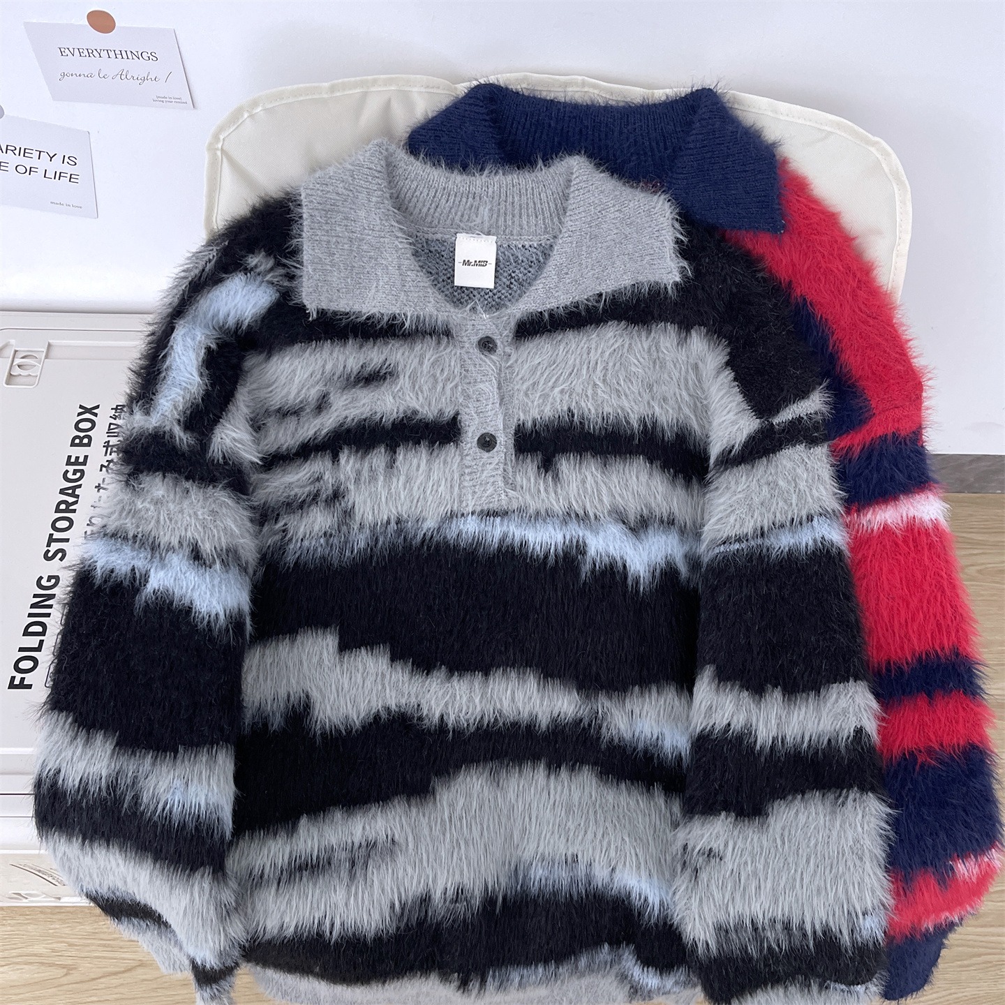 条纹仿貂毛polo领针织毛线衣男女情侣毛衣MMY457-特P60，男装针织衫/毛衣，星座1007（原301D）