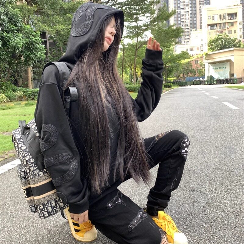 自主黑蛇碎石绣花卫衣美式男女宽松连帽运动衫RWY01-特P68,男装卫衣,星座1007（原301D）