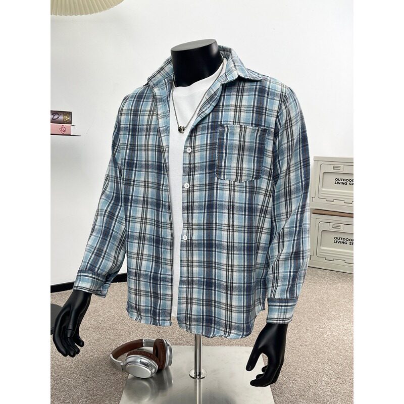 春夏美式复古水洗做旧拼接格子长袖衬衫外套男女休闲G16EE-特P38，男装衬衫，星座1007（原301D）