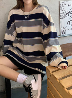 2024秋季新款韩版宽松t恤ins网红学生百搭薄款上衣服潮长袖条纹女
