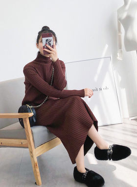 半高领针织连衣裙女春装黑色毛衣裙过膝长裙中长款宽松打底裙内搭