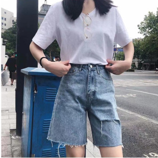 牛仔五分裤女宽松直筒中筒裤港风破洞中裤潮外穿老爹裤中长款短裤