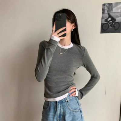个性设计感假两件修身显瘦长袖T恤女装早秋新款圆领百搭套头上衣t