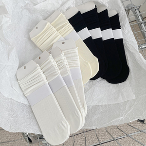 JK袜子女中筒袜春夏薄款卷边菱形纯色棉袜无骨简约黑色白色堆堆袜
