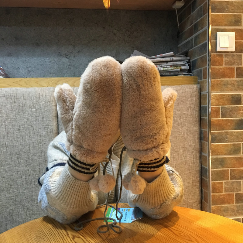 卡通手套女冬韩版日系可爱学生全指礼物加绒加厚挂脖毛绒触屏骑车