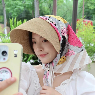 日系高奢蕾丝刺绣头巾帽女夏季优雅大帽檐防晒帽多方位遮阳度假帽