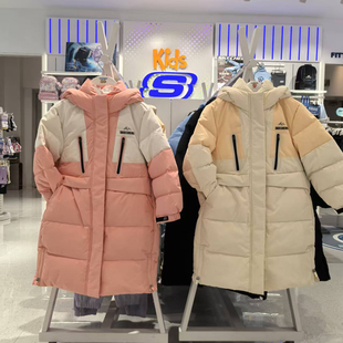 斯凯奇女童中长款羽绒服2024冬石墨烯防风防泼水梭织外套P424G025