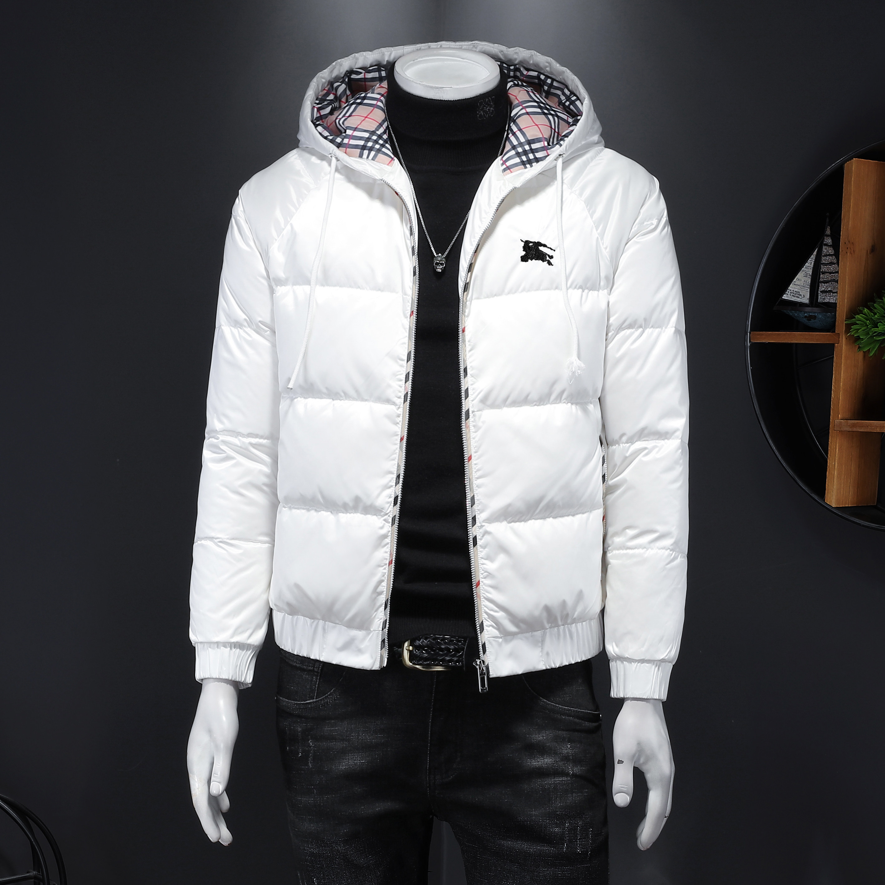 7244冬季新款男士连帽格子外套保暖白鸭绒羽绒服起，男装羽绒服，钱塘2010-1