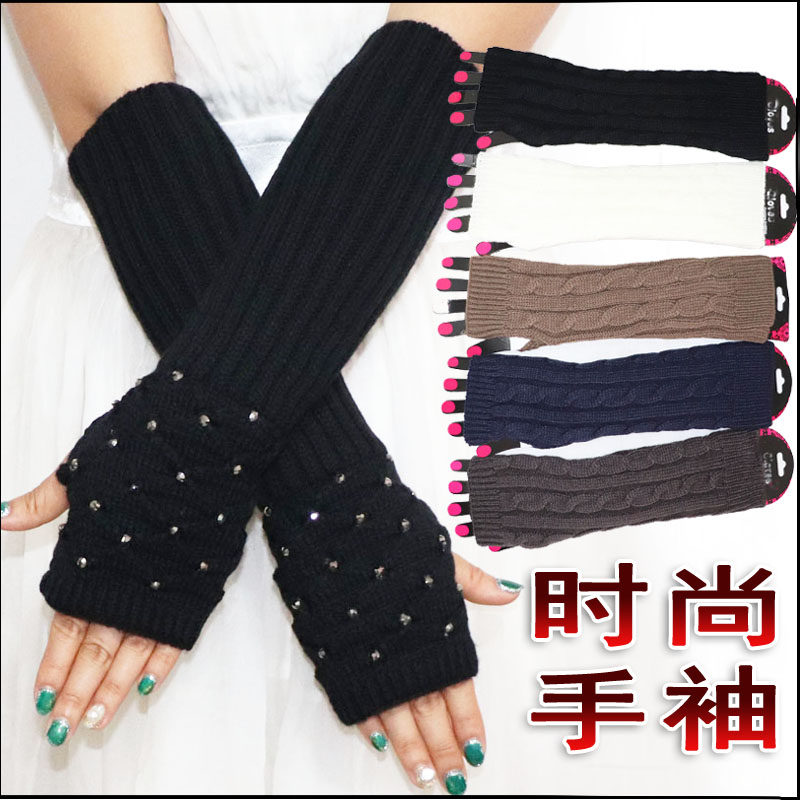 女针织长款手套袖套护臂套毛线假袖子路指半指秋冬保暖加厚手臂袖
