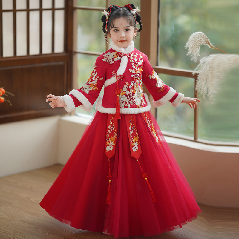 女童汉服冬装2024新款秋冬公主儿童拜年服裙子加厚洋气连衣裙套装