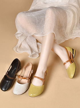 Mid heeled Mary Jane women hollowed out leather shoes女皮鞋