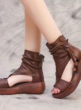 Women Roman shoes, high cut sloping heel leather cool boots