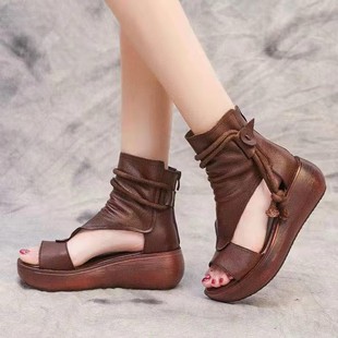 high cut cool Roman boots leather shoes heel Women sloping