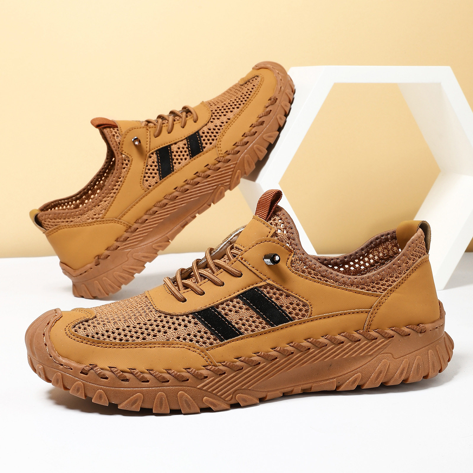 Men's casual plus size sewn cowhide mesh shoes牛皮网面鞋男鞋