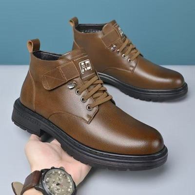 Men's winter velvet high top cotton boots and leather shoes