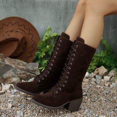 Oversized mid length fashion boots with suede straps时装靴