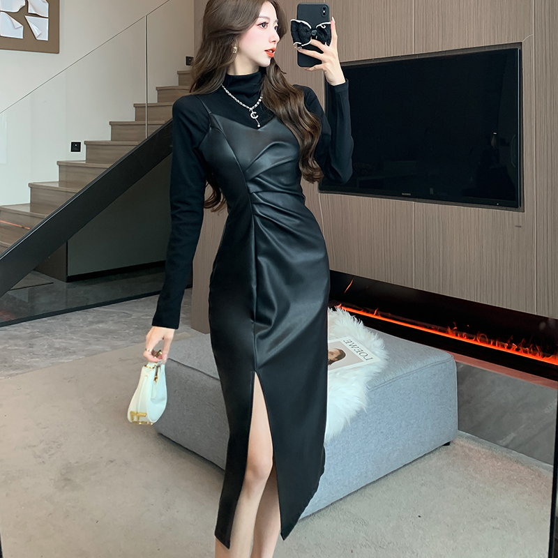 2024秋冬新款吊带皮裙连衣裙女高冷御姐风气质修身显瘦长裙pu皮裙