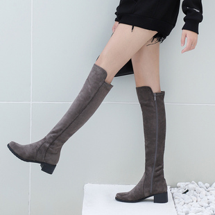 全拉链5050弹力过膝长靴女2024秋冬显瘦百搭平底中跟灰色长筒靴子