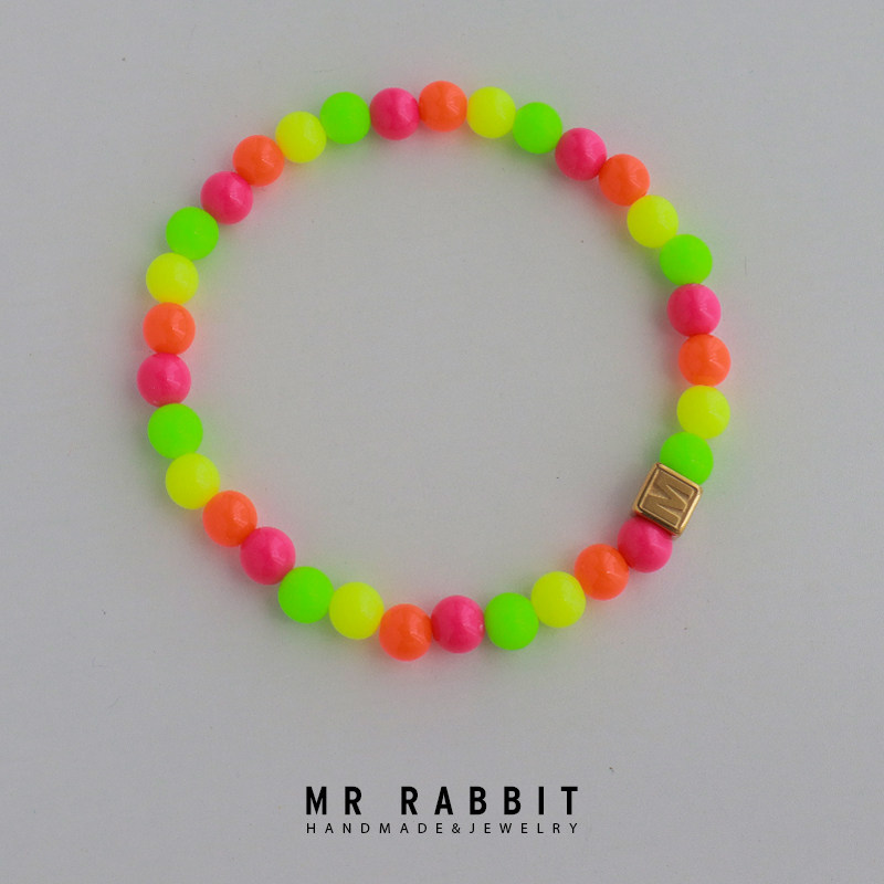时尚荧光粉黄橙亚克力钛钢字母串珠手链多巴胺配色快乐男女脚链