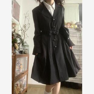 高阶玩家 法式复古风黑色排扣绑带收腰中长款风衣女秋高级感外套