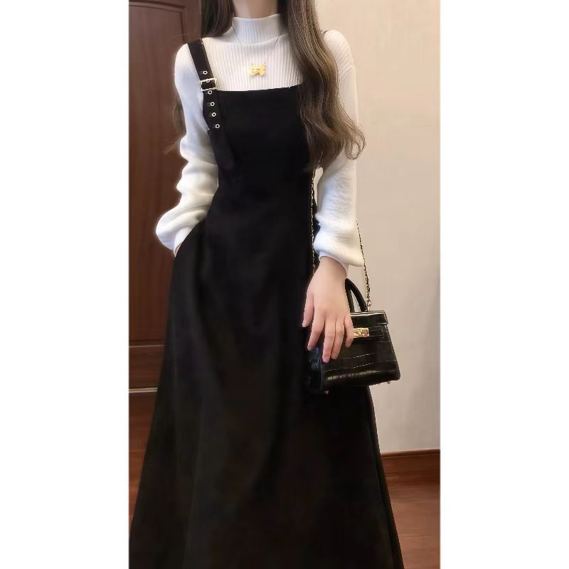 小香风两件套装女春装新款法式复古高级感赫本风黑色背带裙连衣裙