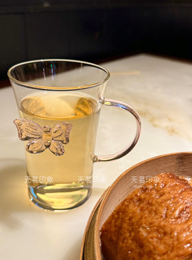 春日蝴蝶玻璃水杯带把手花茶杯可爱杯耐高温绿茶杯喝水杯子女生